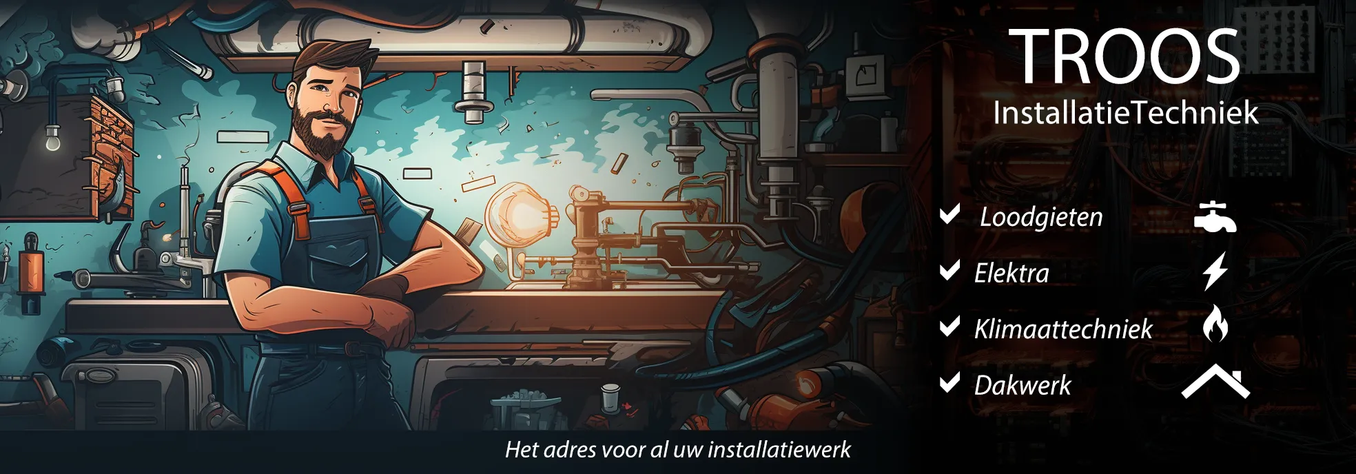vriendelijke loodgieter / electricien die bij een werkbank staat met uitleg van de aangeboden diensten; loodgieten, elektra, klimaattechniek en dakwerk.